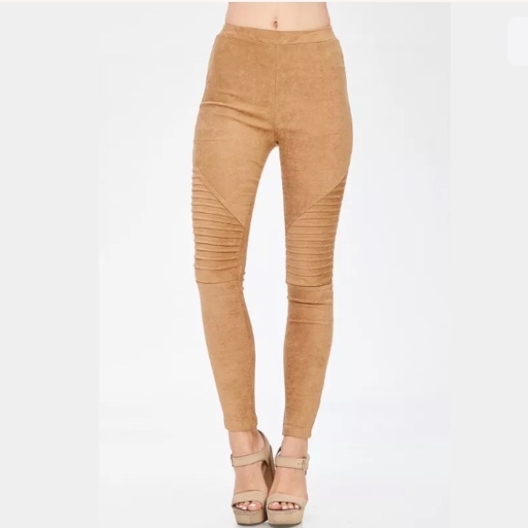 Beige Faux Suede Moto Stretch Casual Leggings - Picture 3 of 8